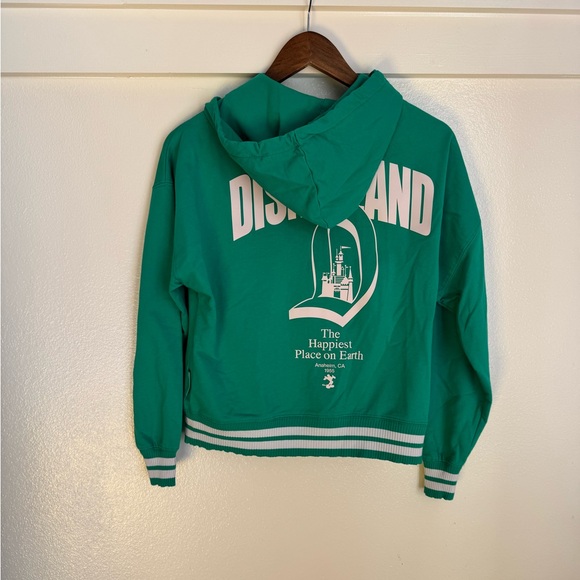 Disneyland Green Disney Zip Up Hoodie Sweater XS Varsity Ribbed Hem Graphic Back - Picture 8 of 11